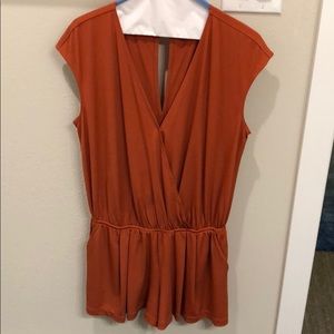 Deep V-Neck Slit-Back Shorts Romper (burnt orange)